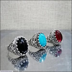 Turkish-Inspired Men's Ring Set of 3 Silver Plated Black Turquoise Red - Image 4