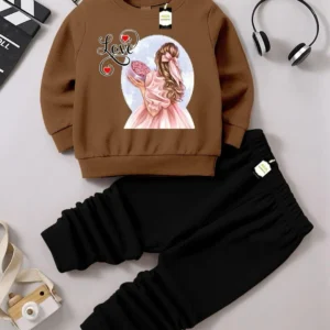 Girls Fleece Printed Tracksuit Brown Black 3-4Yrs