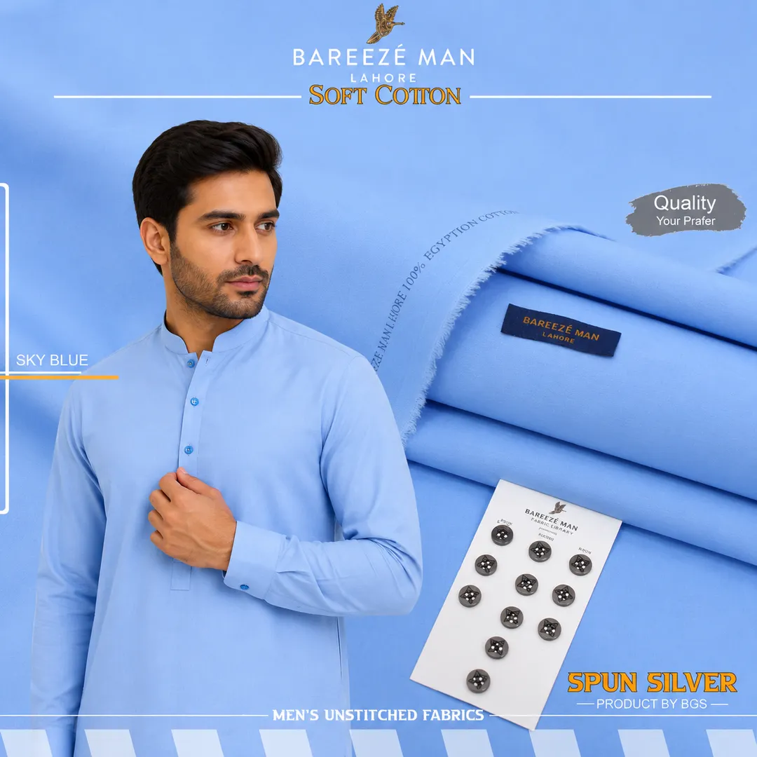 Men Soft Cotton Unstitched Suit Blue Summer - Image 3