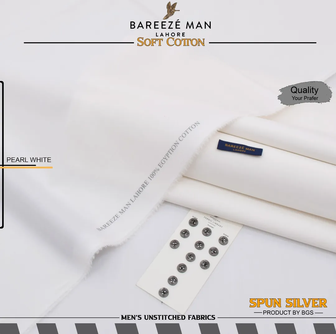 Men Unstitched Cotton Suit Pearl White Summer - Image 2