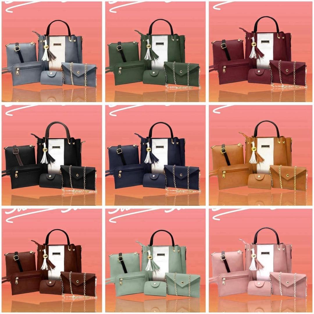Women's Pink Rexine Handbag Set 5 Pcs - Image 10