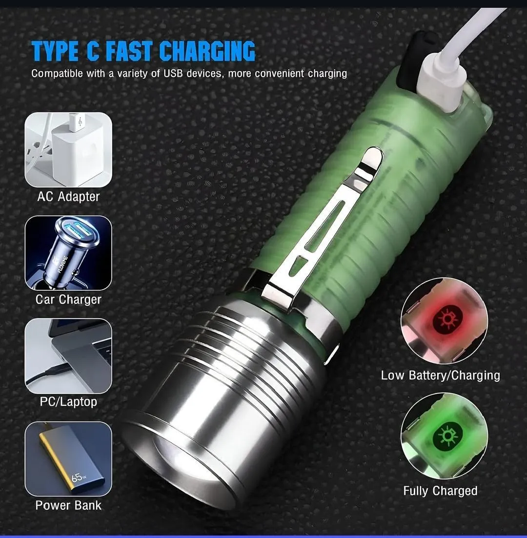 Rechargeable Green LED Flashlight with Type-C Port - Image 4