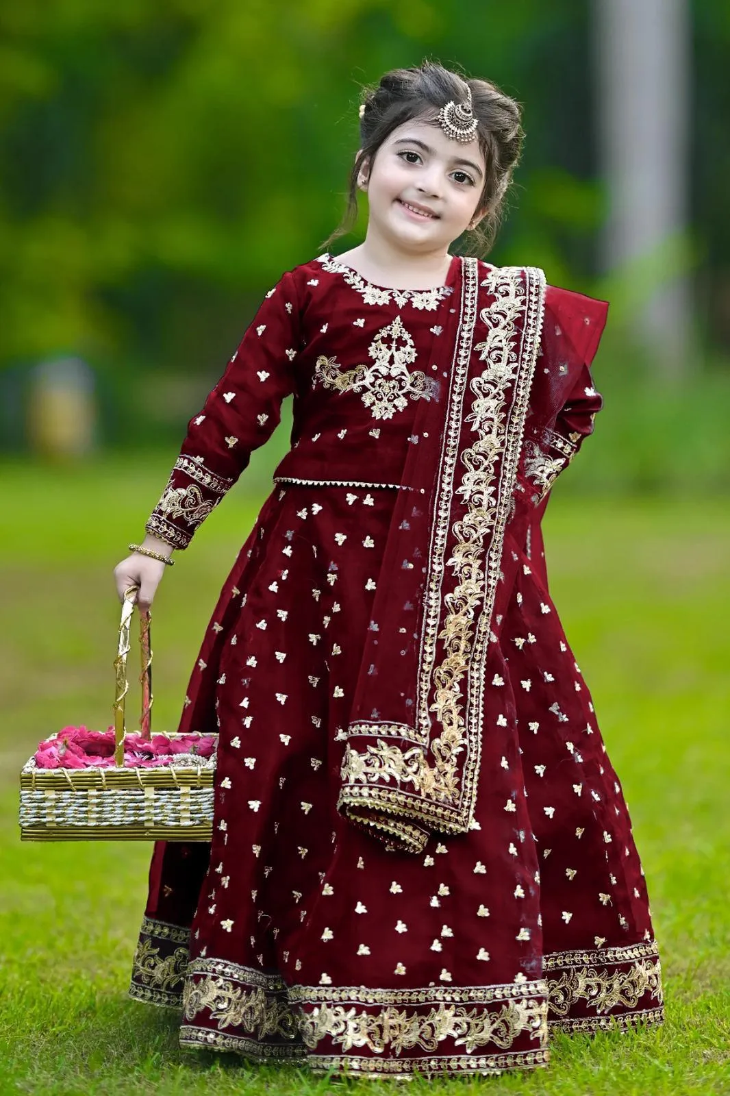 Kids 3Pcs Embroidered Maroon Lehenga Set - Image 5