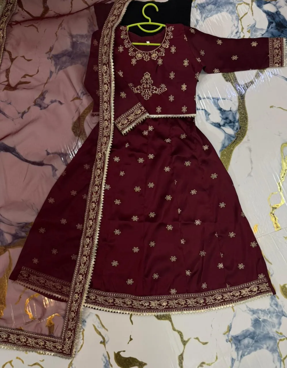 Kids 3Pcs Embroidered Maroon Lehenga Set - Image 2