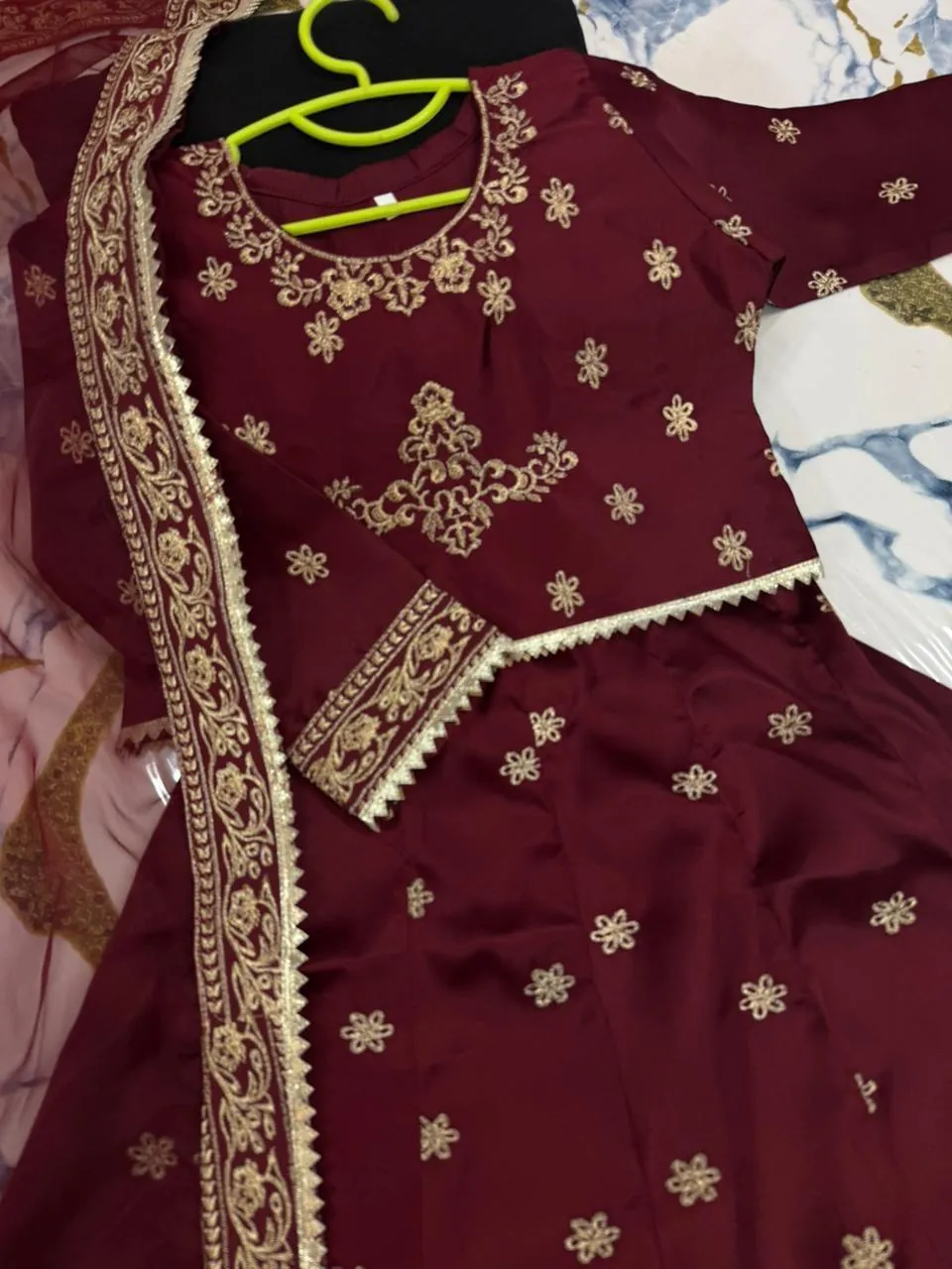 Kids 3Pcs Embroidered Maroon Lehenga Set - Image 4