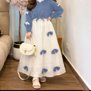 Girls Georgette Bow Top Maxi Set Blue White