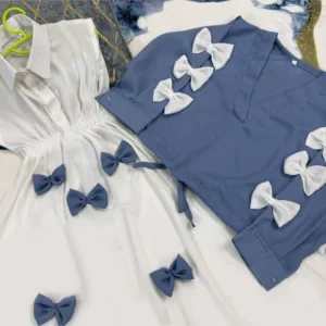 Girls Georgette Bow Top Maxi Set Blue White - Image 3