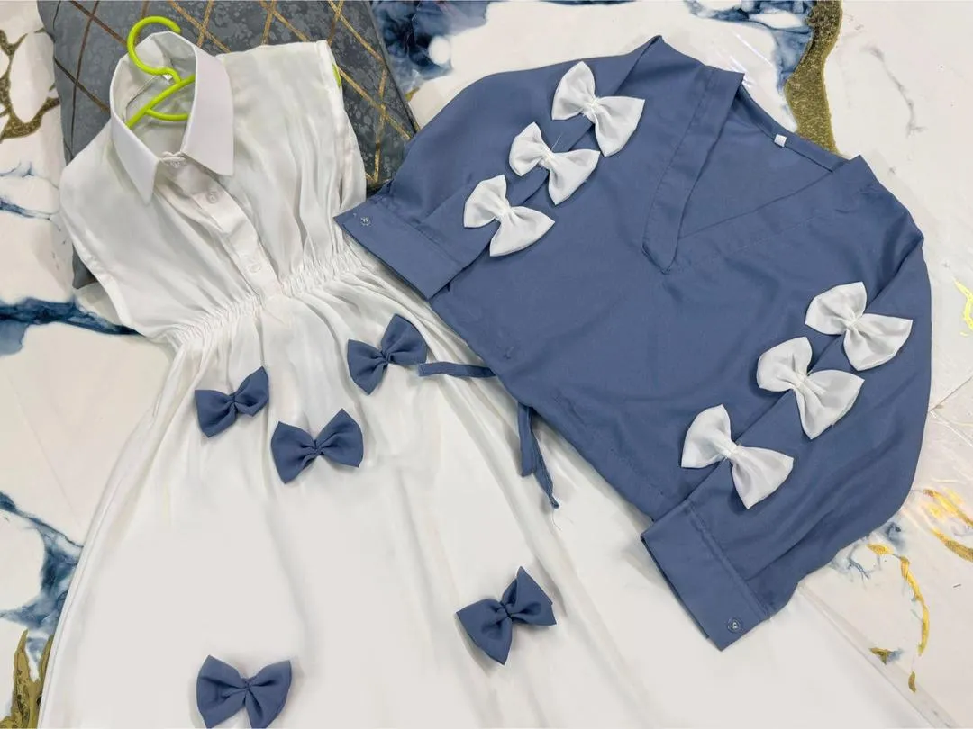 Girls Georgette Bow Top Maxi Set Blue White - Image 3
