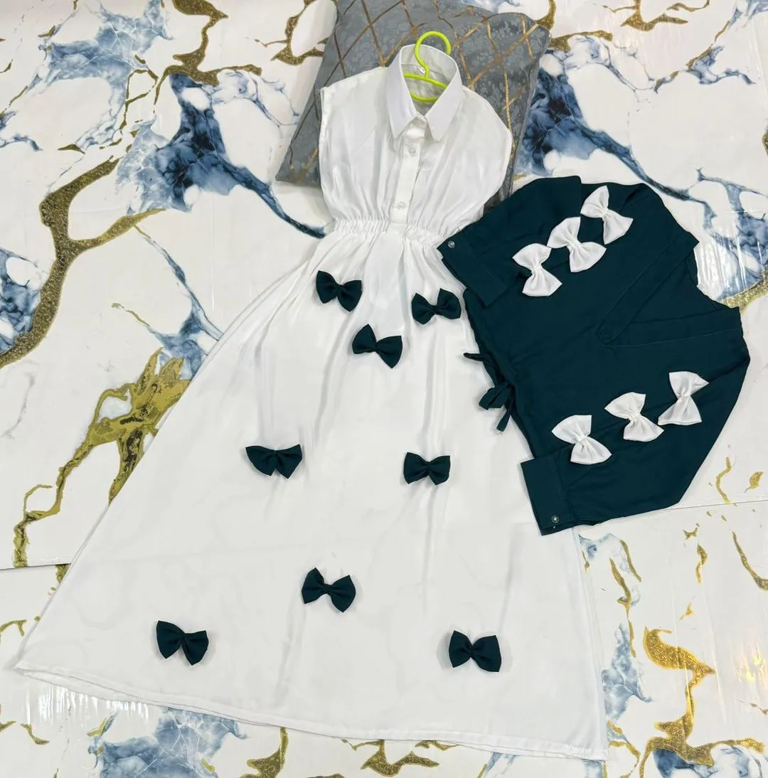 Girls Georgette Bow Top Maxi Set Green White 2Pcs - Image 2