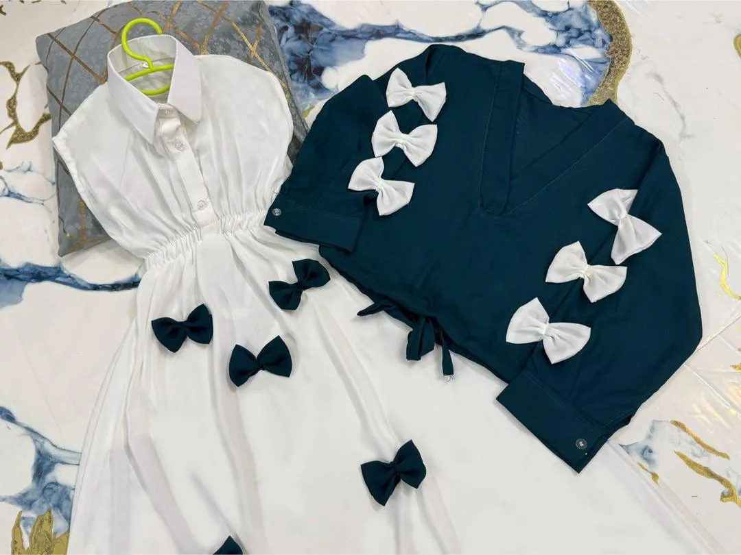 Girls Georgette Bow Top Maxi Set Green White 2Pcs - Image 3