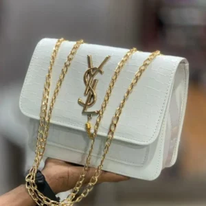 White Croc Leather Handbag with Gold Chain Strap - Image 4