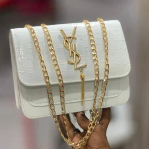 White Croc Leather Handbag with Gold Chain Strap - Image 6