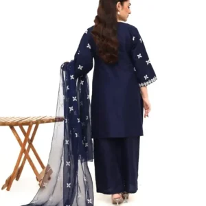 Stunning Women's Stitched Embroidered Linen Suit - 3 Pcs Set in Blue - Image 3