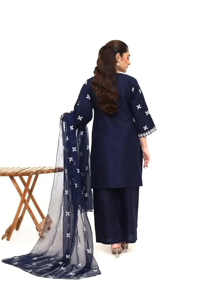 Stunning Women's Stitched Embroidered Linen Suit - 3 Pcs Set in Blue - Image 3