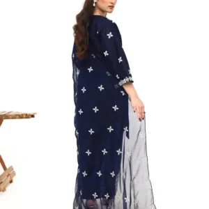 Stunning Women's Stitched Embroidered Linen Suit - 3 Pcs Set in Blue - Image 4