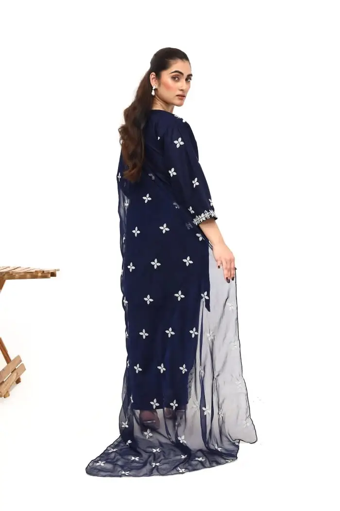 Stunning Women's Stitched Embroidered Linen Suit - 3 Pcs Set in Blue - Image 4