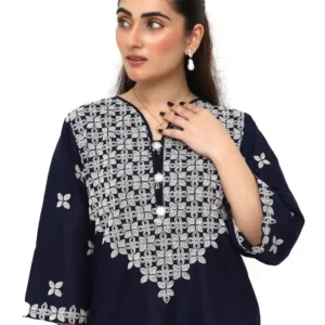 Stunning Women's Stitched Embroidered Linen Suit - 3 Pcs Set in Blue - Image 5