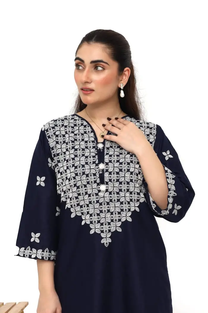 Stunning Women's Stitched Embroidered Linen Suit - 3 Pcs Set in Blue - Image 5