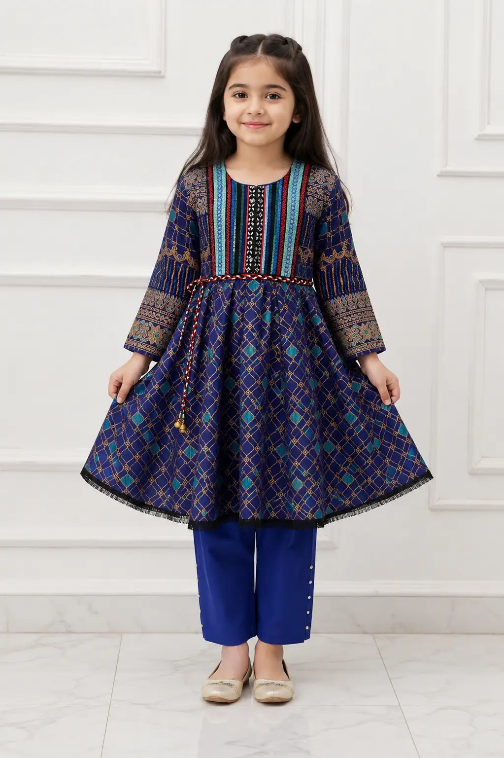 2 Pcs Girl's Linen Printed Frock And Trouser Set