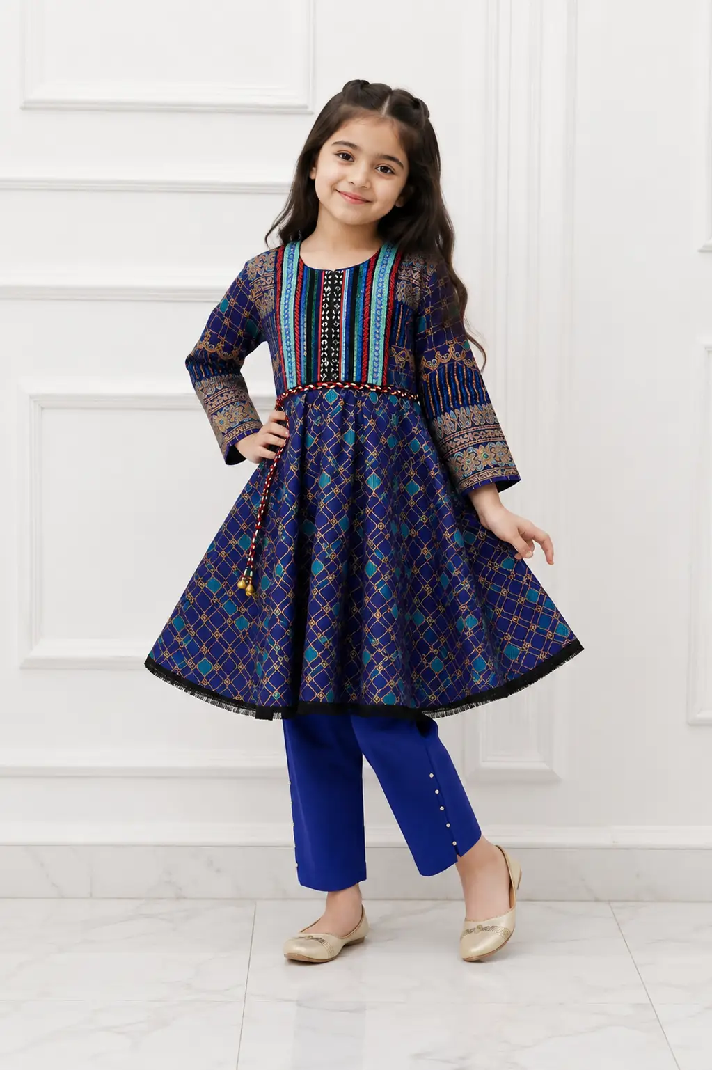2 Pcs Girl's Linen Printed Frock And Trouser Set - Image 2