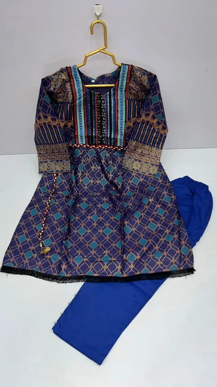 2 Pcs Girl's Linen Printed Frock And Trouser Set - Image 3
