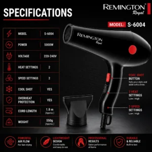 Professional Hair Dryer 5000W | Fast Drying | 2 Heat & 2 Speed Settings | Model S-6004 - Image 4