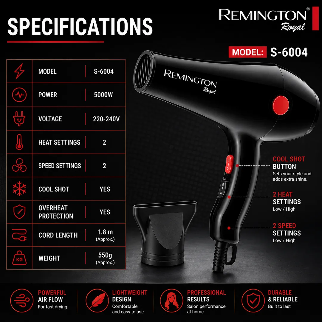 Professional Hair Dryer 5000W | Fast Drying | 2 Heat & 2 Speed Settings | Model S-6004 - Image 4